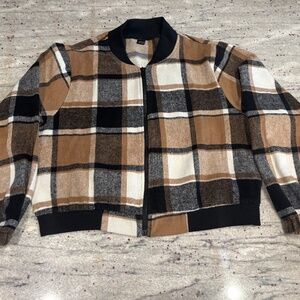 Shein Womens Plaid Light-Weight Zip Up Jacket - Brown Black and White Size M